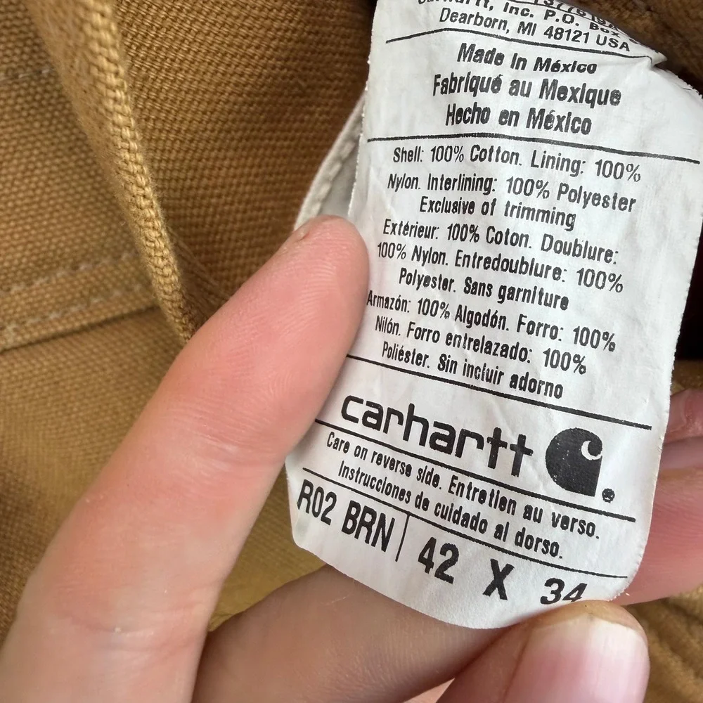 Carhartt R02 BRN Duck Bib Overalls Brown Quilt Lined Double Knee 42x34 Mens